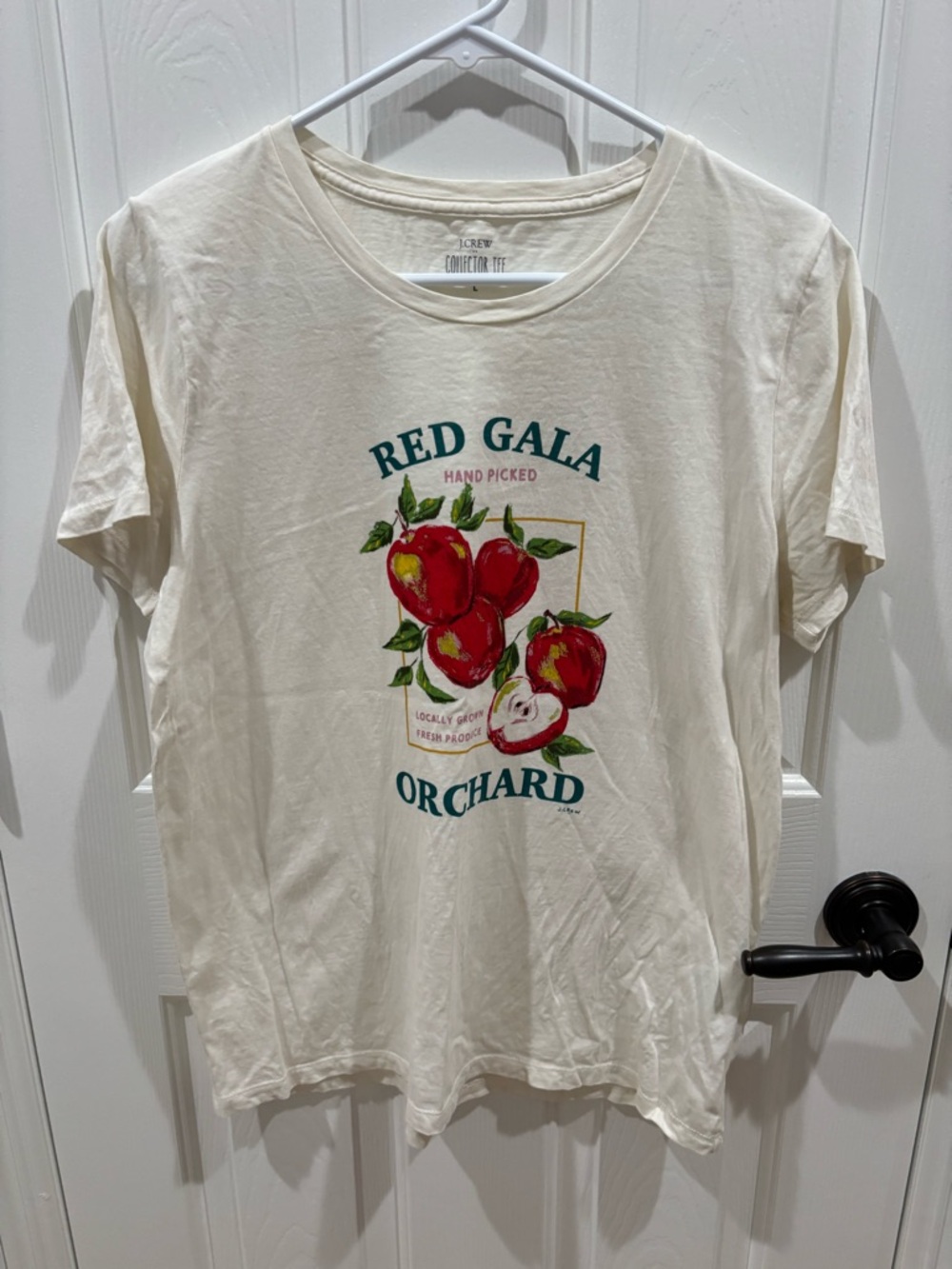 J. Crew Cream Collector Tee with Red Gala Orchard Logo